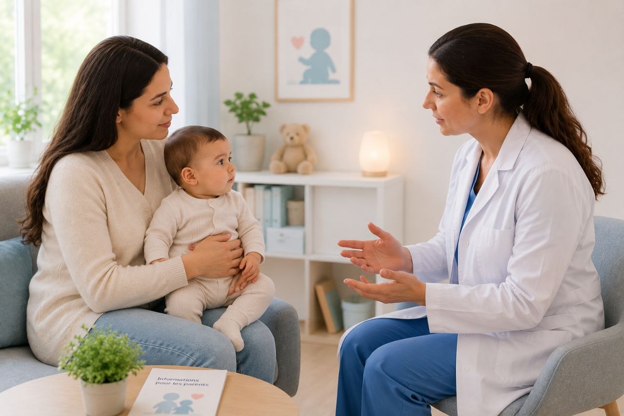 Maman tenant son enfant et écoutant les explications du chirurgien pédiatre à propos d'une hernie inguinale